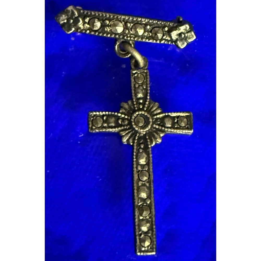 Vintage Theda Cross Brooch Pin Hangs From Bar Unique Dainty Sterling Silver 925